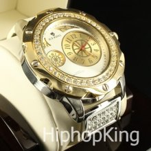 White & Gold Finish Attractive Classy Cee Lo Fashion Iced Out Hip Hop Watch