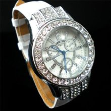 White Crystal Gemstone Decorated Ladies Wrist Watch