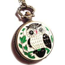 White Vintage Owl Pocket-Watch - Antique Bronze Chain, Black / Green / Ivory Enamel, Floral Filigree, Includes 30