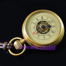 Wind Up Bronze Vintage Brass Antique Small Pocket Watch+leather Chain