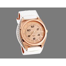 WoMaGe 9713 Men's Pink Round-Tone Case White PU Leather Strap Analog Watch