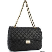 Women Black Large Classic Quilted Gold Chain Shoulder Cross Body Bag Handbag