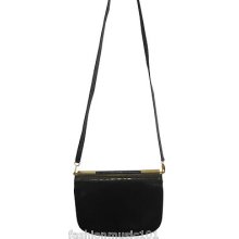 Women's Black Leather Long Strap Cross Body Handbag W/gold Top Handle