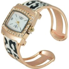 Women's Fashion Leopard Pattern Gold Cuff Bracelet Bangle Watch White