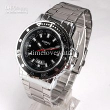 1x White Index Black Dial Men Quartz Watch Date Silver Stainless Ban