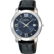 $215 New SEIKO Mens Analog Round Blue Stainless Steel Watch Black Leather Band - Black - Leather