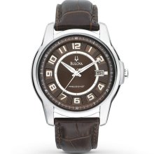 $299 New BULOVA Precisionist Mens Round Steel Watch Brown Leather Band - Brown - Surgical Steel