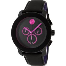 3600136 Movado Bold Men Women Watch Large 44mm Black Leather Berry Accents Swiss