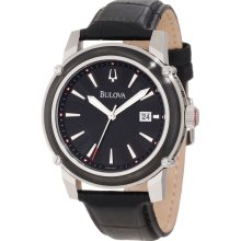 $375 New BULOVA Mens Quartz Analog Round Steel Watch Black Leather Band - Black - Surgical Steel