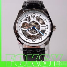 3pcs Gent Skeleton Dial Leather Strap Stainless Steel Case Hand-wind