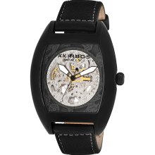 Akribos XXIV Men's Black Stainless Steel Skeleton Automatic Tonneau Strap Watch