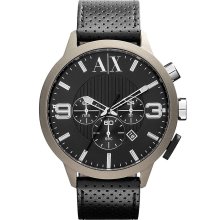 ARMANI EXCHANGE A|X Chronograph New Mens Steel Round Watch Black Leather Strap - Black - Surgical Steel