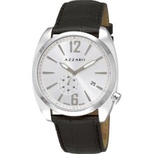 Azzaro Seventies Mens Silver Dial Black Leather Strap Watch