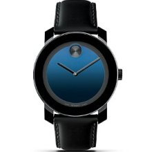 Bold Black Leather Watch with Metallic Blue Dial