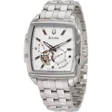 Bulova 96A122 Mens Watch Tonneau Automatic Silver Tone Skeleton Dial