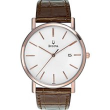 Bulova 98h51 Mens Calendar Strap Brown Leather White Dial Quartz Watch