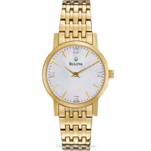 Bulova Ladies 4 Diamond Dress Watch MOP Dial Gold-Tone Case 97P103