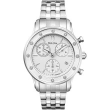 Bulova Ladies Stainless Steel Case and Bracelet Diamond Collection White Dial Chronograph Date Display 96R165