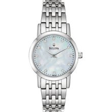 Bulova Ladies Ultra Slim 96p153 12 Diamonds Mop Dial Watch In Stock