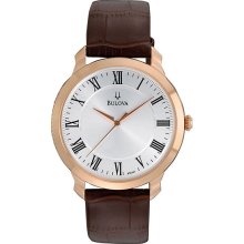Bulova Men's Rose Gold Tone Stainless Steel Case Dress Collection Brown Leather Strap Silver Dial 97A107
