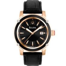 Bulova Mens Rose Gold-Tone and Black Bezel Dress Watch 98B161