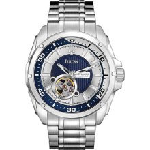Bulova Men's Stainless Steel Skeleton Window Automatic Silver and Blue Dial 96A137