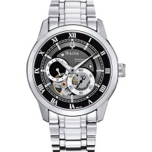 Bulova Men's Stainless Steel Automatic Black Skeleton Dial Link Bracelet 96A119