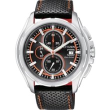 CA0270-08E - 2012 Citizen Eco-Drive Chronograph Leather 100m Black Orange Sports Watch