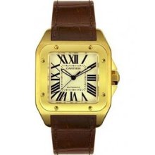 Cartier Santos 100 Mens Watch 18kt Gold Bezel Silver Roman Dial W20078Y1