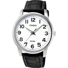 Casio Men's Core MTP1303L-7BV Black Leather Quartz Watch with White Dial