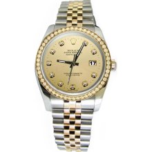 Champagne diamond dial bezel rolex datejust watch man two tone jubilee