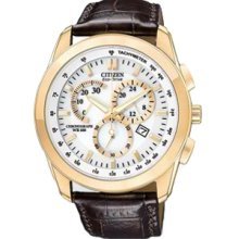 Citizen AT1183-07A Watch Chronograph WR100 Mens - White Dial Rose Gold Tone Steel Case Solar Quartz Movement