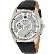 Citizen BR0120-07A Mens Stainless Steel Eco Drive Dress Silver Tone Dial GMT Leather Strap