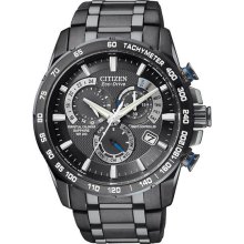 Citizen Men's Atomic Black Stainless Steel Black Dial Eco-Drive Chronograph Perpetual Calendar Sapphire AT4007-54E