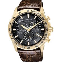 Citizen Men's Atomic Gold Stainless Steel Case Black Dial Eco-Drive Chronograph Leather Strap Perpetual Calendar Sapphire AT4003-04E
