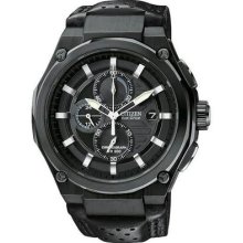 Citizen Mens Black Stainless Steel Eco-drive Chronograph Black Dial Leather ...