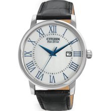 Citizen Men's Eco-Drive Stainless Steel Case Leather Bracelet Silver Dial Date Display BM6758-06A