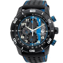 Citizen Men's Eco-Drive Chronograph Stainless Steel Leather Bracelet Black and Blue Dial Date Display CA0467-03E
