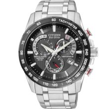 Citizen Mens Eco-Drive Perpetual Chronograph A-T Stainless Watch - Silver Bracelet - Black Dial - AT4008-51E