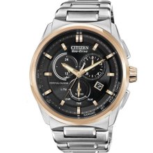 Citizen Men's Eco-Drive Stainless Steel Case and Bracelet Black Dial Perpetual Calendar Rose Gold Bezel BL5486-57E