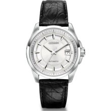 Citizen Mens Signature Series Grand Classic Automatic Analog Stainless Watch - Black Leather Strap - Silver Dial - NB0040-07A