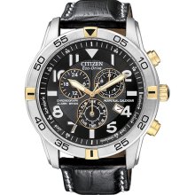 Citizen Men's Stainless Steel Case Eco-Drive Chronograph Alarm Perpetual Calendar Black Dial Leather Strap BL5476-00E