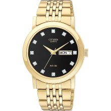 Citizen Quartz Mens Crystal Analog Stainless Watch - Gold Bracelet - Black Dial - BK4052-59F