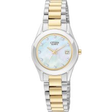 Citizen Quartz Womens Crystal Analog Stainless Watch - Two-tone Bracelet - Pearl Dial - EU2664-59D
