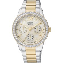 Citizen Quartz Womens Oversized Crystal Chronograph Stainless Watch - Two-tone Bracelet - Pearl Dial - ED8094-52N