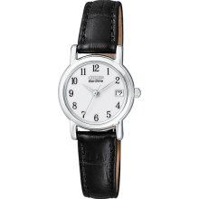 Citizen Womens Eco-Drive Stainless Watch - Black Leather Strap - White Dial - EW1270-06A