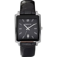 Claiborne Mens Black Leather Strap Rectangle Watch