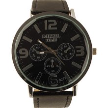 Classic Style PU Leather Big Band Dial Women Men Wrist Watch - Black