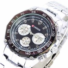 CURREN 8077 Precise Quartz Watch Round Dial/Steel Band/Tachymeter/Strip Scale