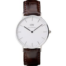 Daniel Wellington Womens York Classic Analog Stainless Watch - Dark Brown Leather Strap - White Dial - 0610DW